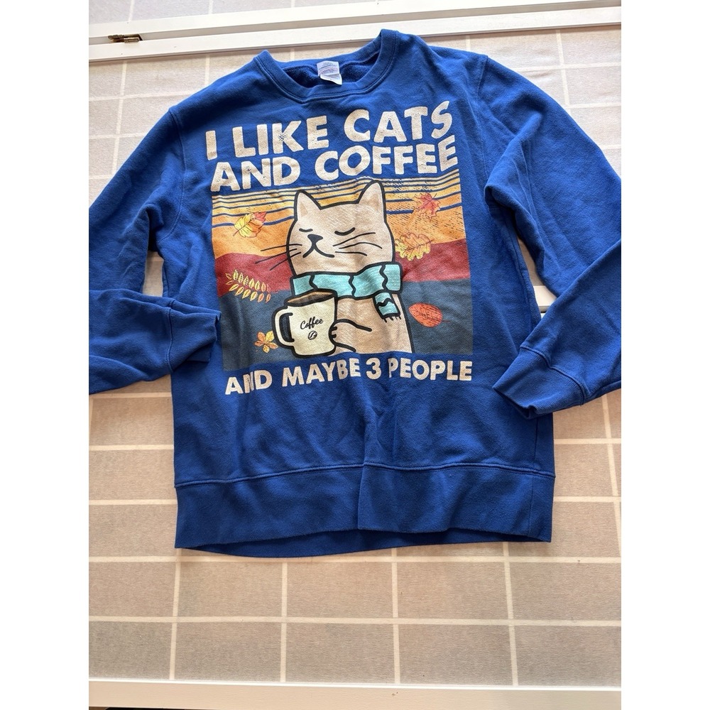 100% Cotton Crewneck Sweatshirt Cats & Coffee Sz Large Retro Look‎ Fall/ Autumn